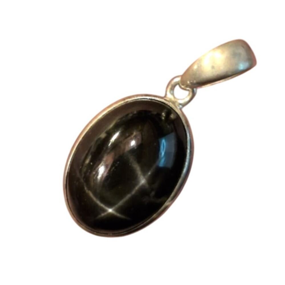 Sterling Silver 925 Star Diopside Black Cabochon Pendant 1.08in 4.13g